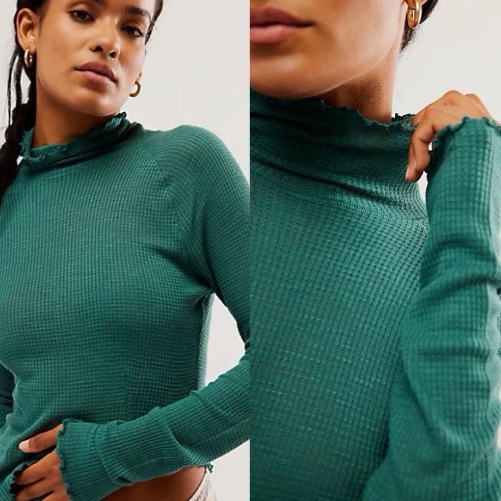 Free People Intimately Waffle Thermal Top Mock Neck Lettuce Trim Teal Green S
